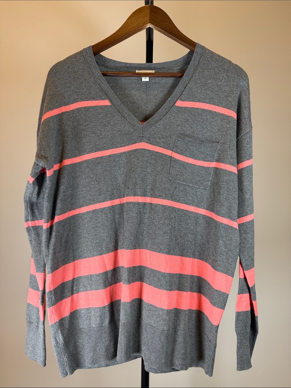 GAP Gray & Coral Pink Striped V-Neck Cotton Boyfriend Sweater With Pocket | M
